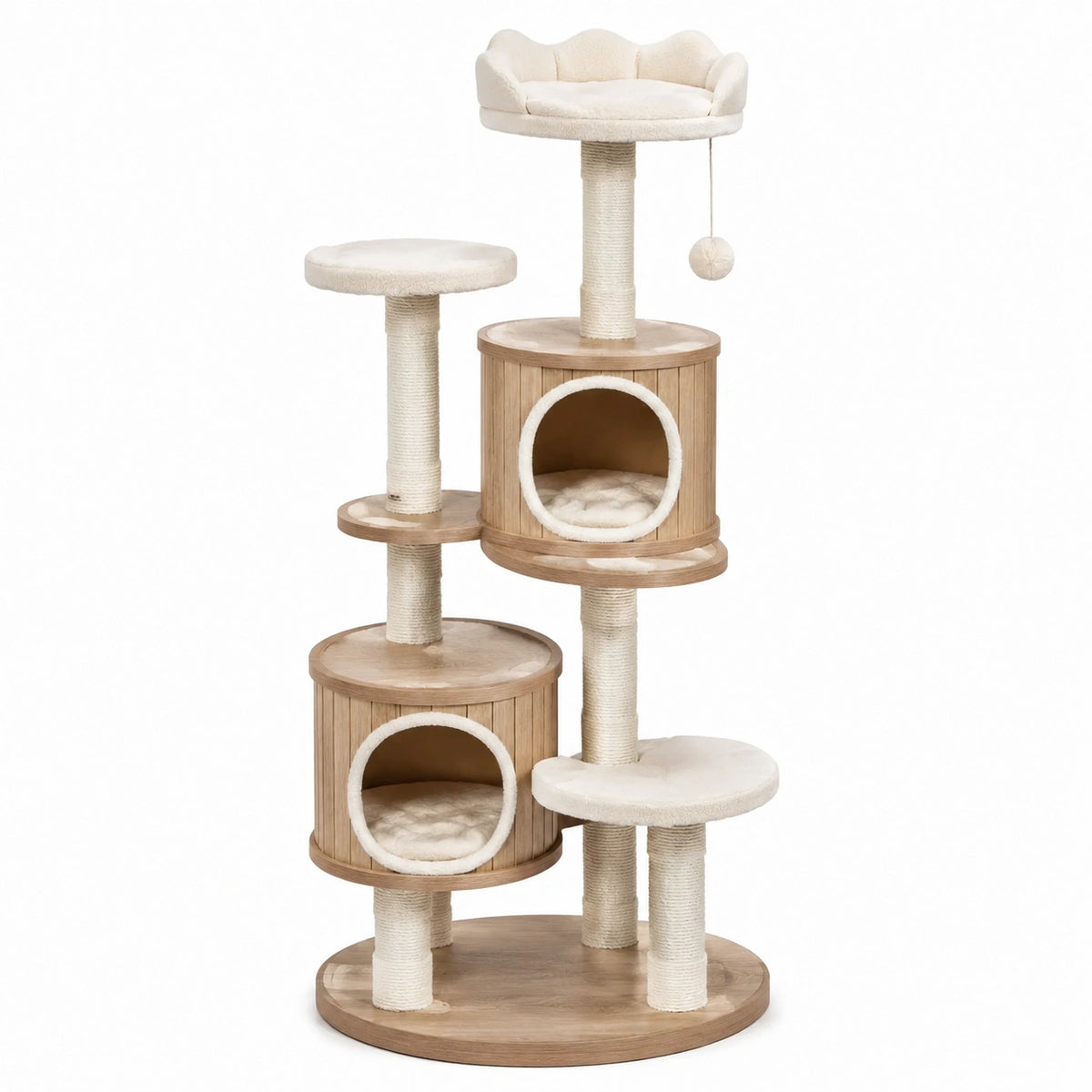 Arbre à chat en bois et peluche, 5 niveaux, beige