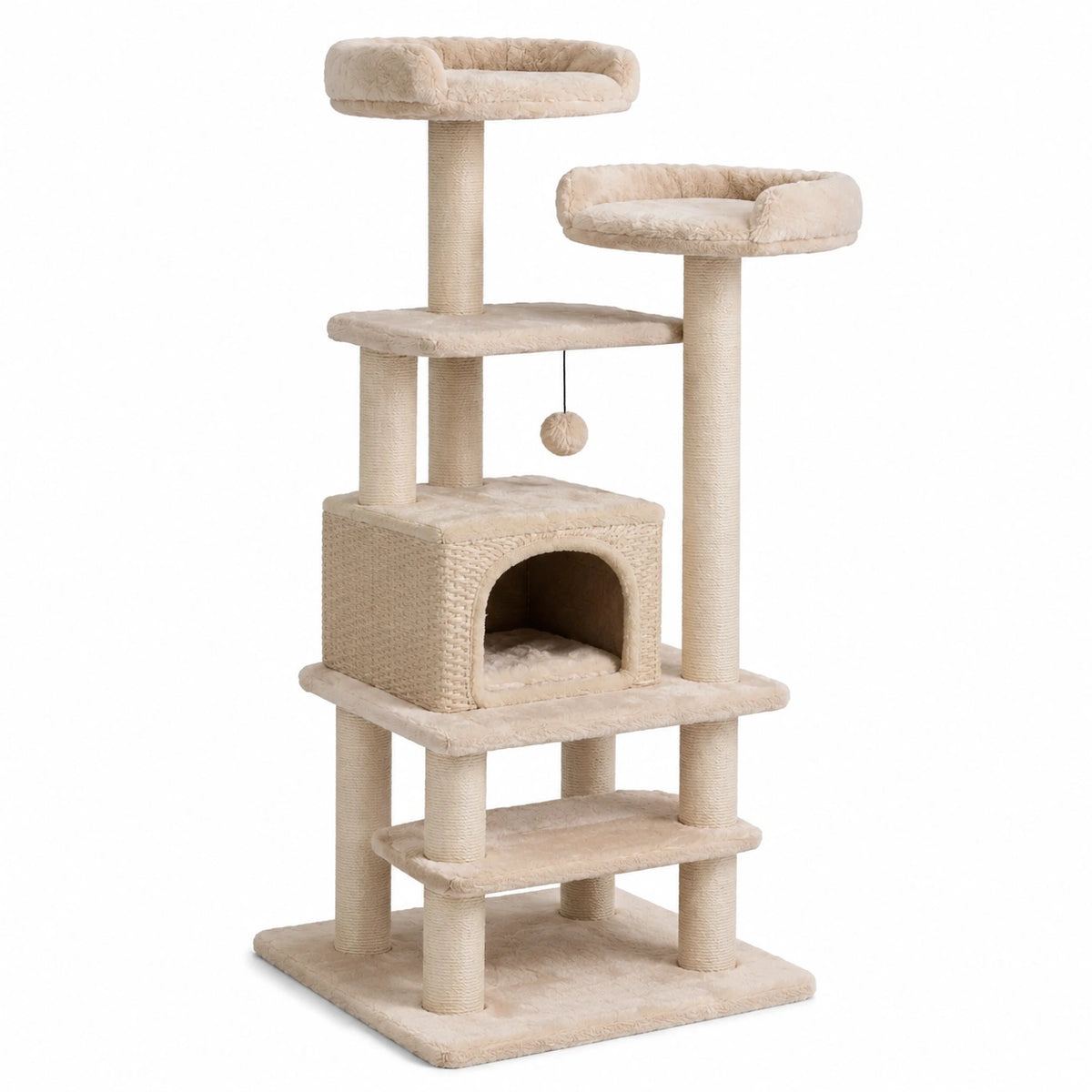 Arbre à chat en peluche et sisal beige, 120 cm avec niche