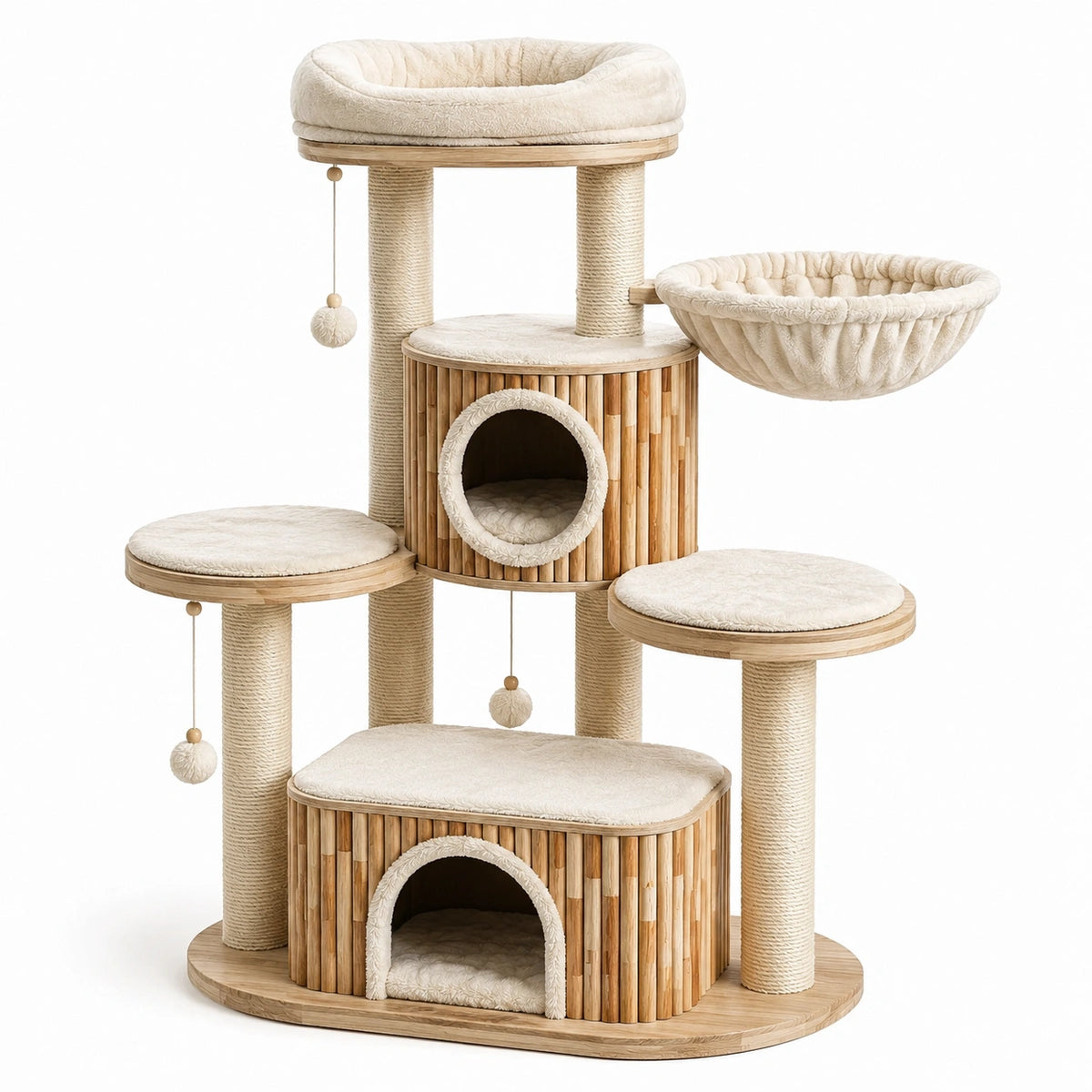 Arbre à chat en bois avec plateformes et niches en fausse fourrure beige 150 cm