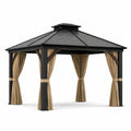 Pavillon de jardin en aluminium avec toit en acier et rideaux beiges