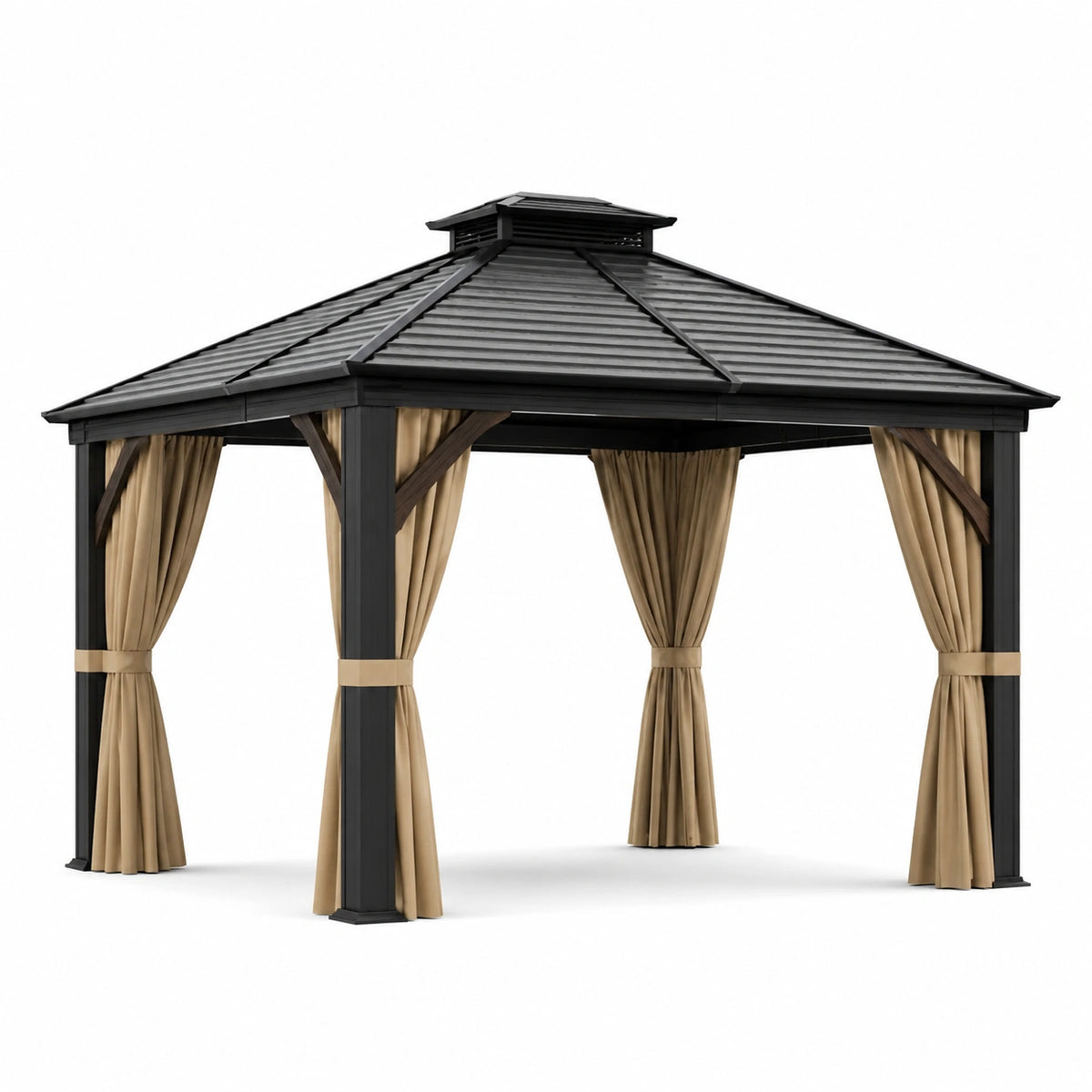 Pavillon de jardin en aluminium avec toit en acier et rideaux beiges