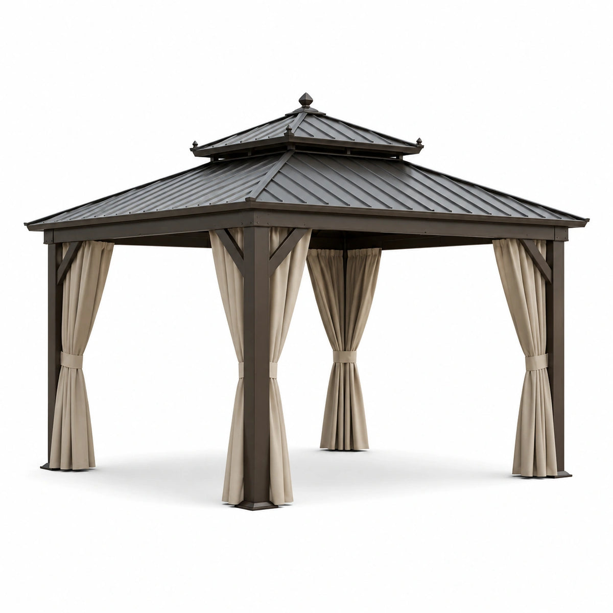 Pavillon en métal avec rideaux en polyester marron et beige