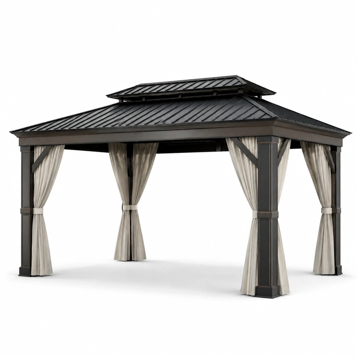 Pavillon en aluminium noir avec rideaux en polyester beige