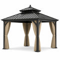 Tonnelle en aluminium avec toit en acier et rideaux beige