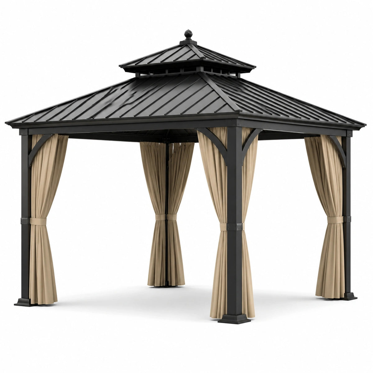 Tonnelle en aluminium avec toit en acier et rideaux beige