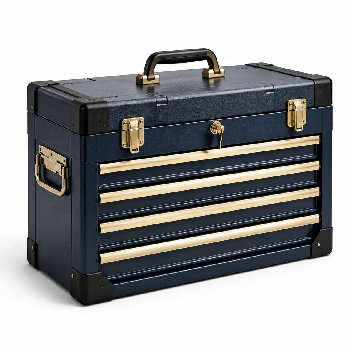 Boîte à outils en métal bleu avec poignées en laiton et 4 tiroirs