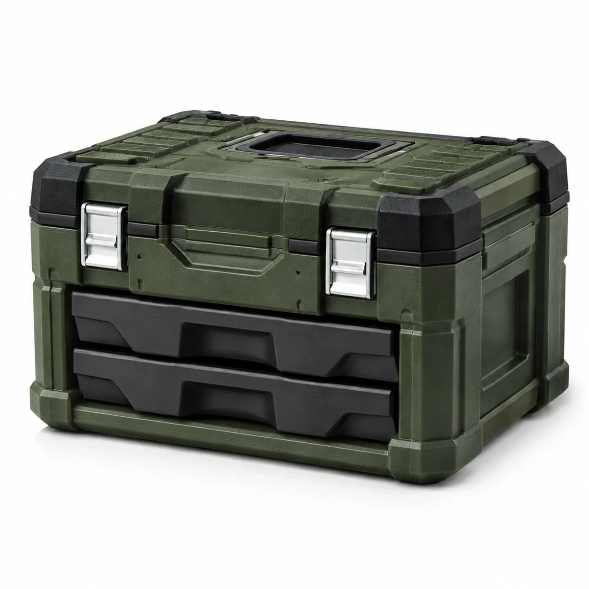 Boîte à outils en plastique avec tiroirs vert armée