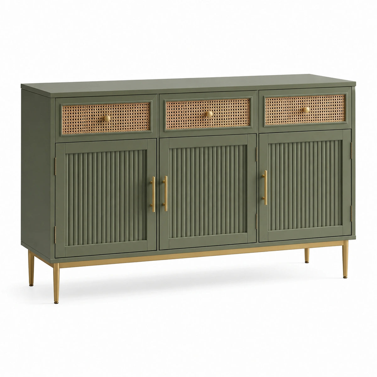 Buffet en bois avec tiroirs en rotin et pieds en métal