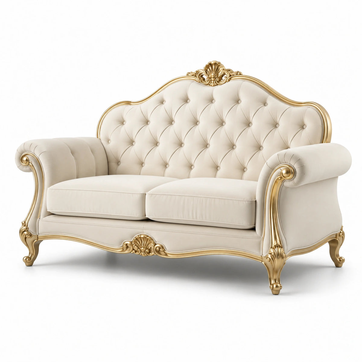 Canapé en cuir beige et bois doré