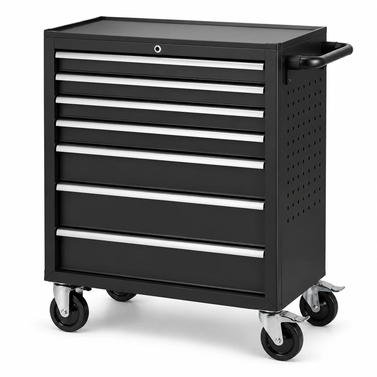 Chariot à outils en métal noir avec roulettes pivotantes