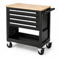 Chariot d'outils en métal noir avec plateau en bois de hêtre, 4 tiroirs
