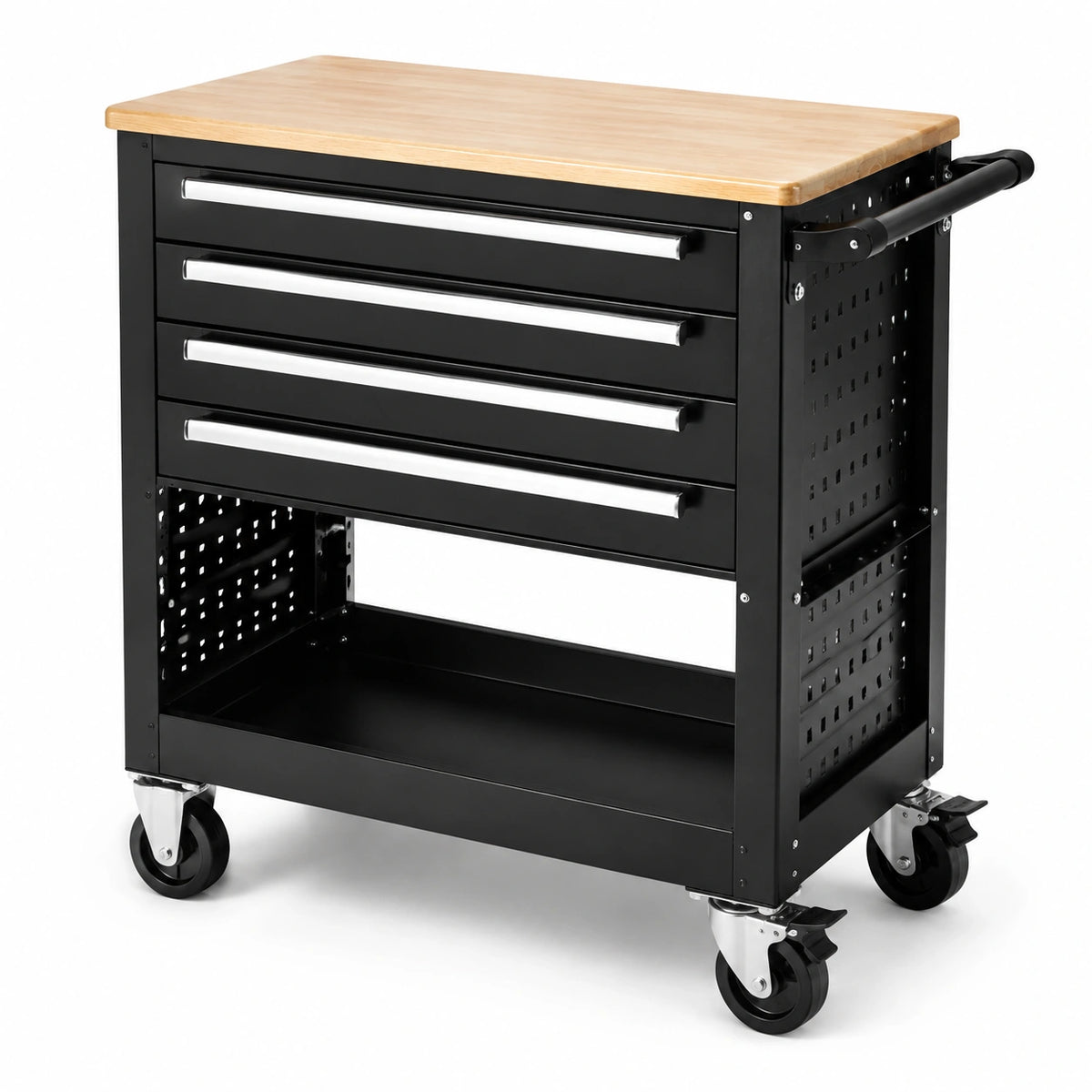 Chariot d'outils en métal noir avec plateau en bois de hêtre, 4 tiroirs