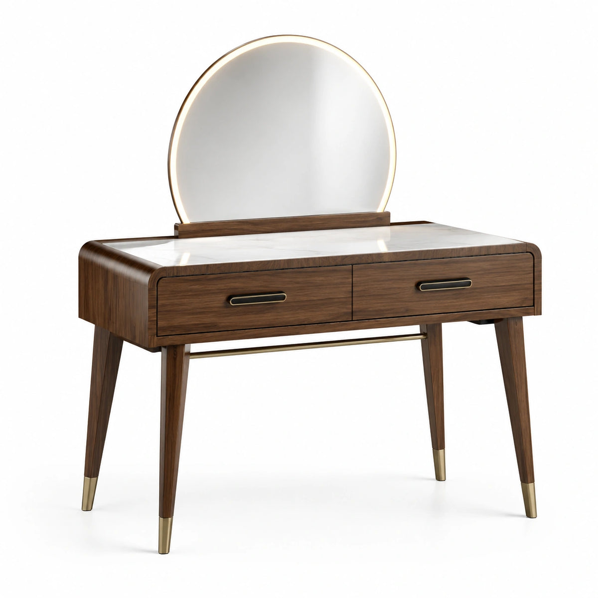 Coiffeuse en Bois de Noyer avec Miroir LED et Plateau en Marbre