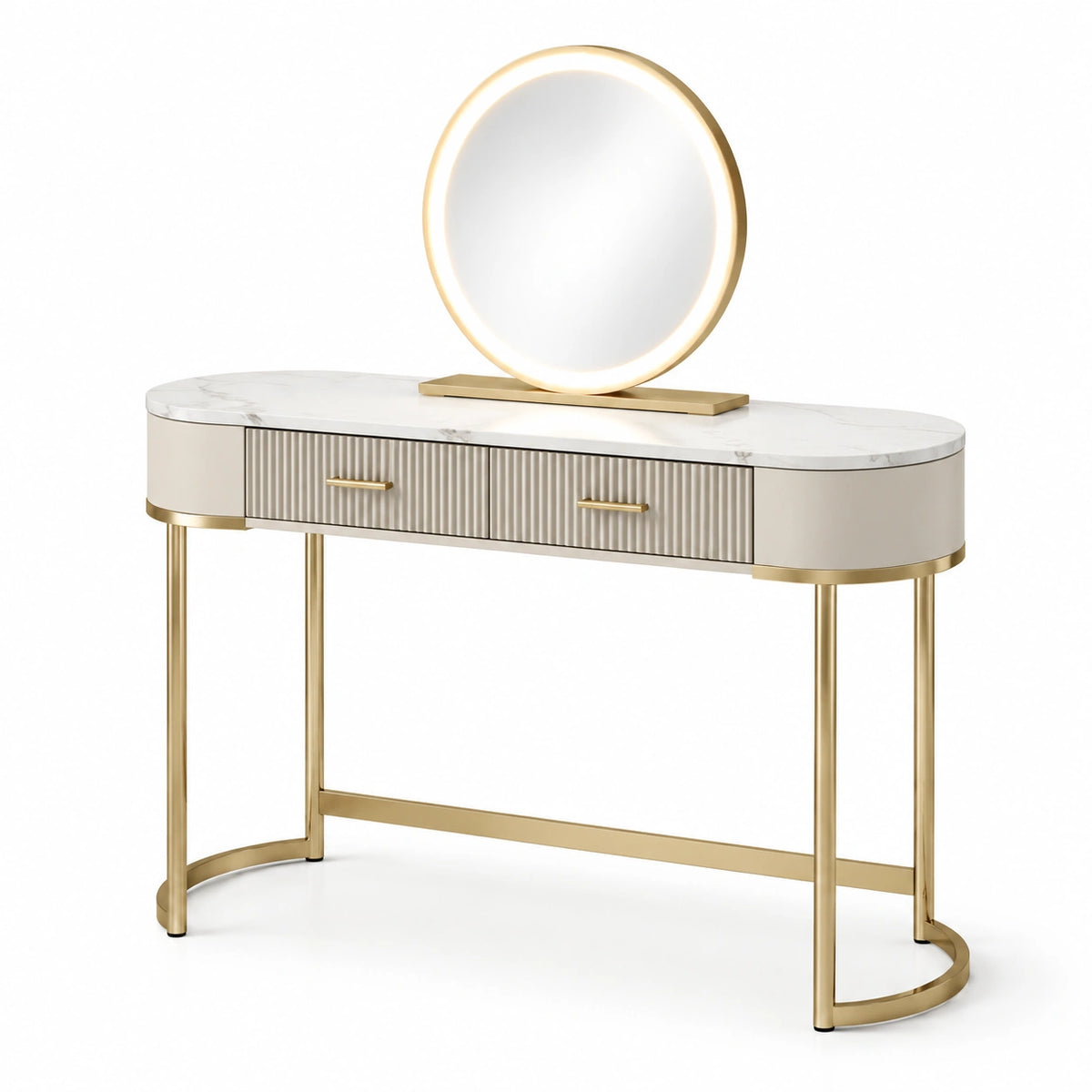 Coiffeuse en marbre avec miroir LED et pieds en métal doré