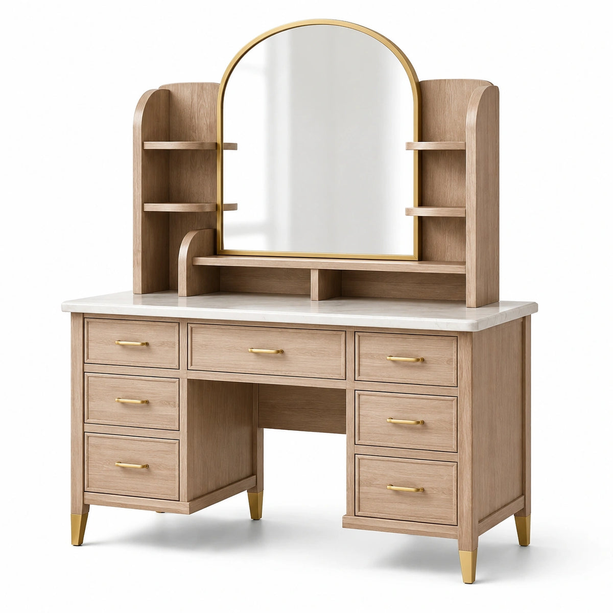 Coiffeuse en bois de chêne avec miroir arquée et tiroirs multiples