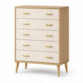 Commode en bois clair et aluminium doré avec 5 tiroirs