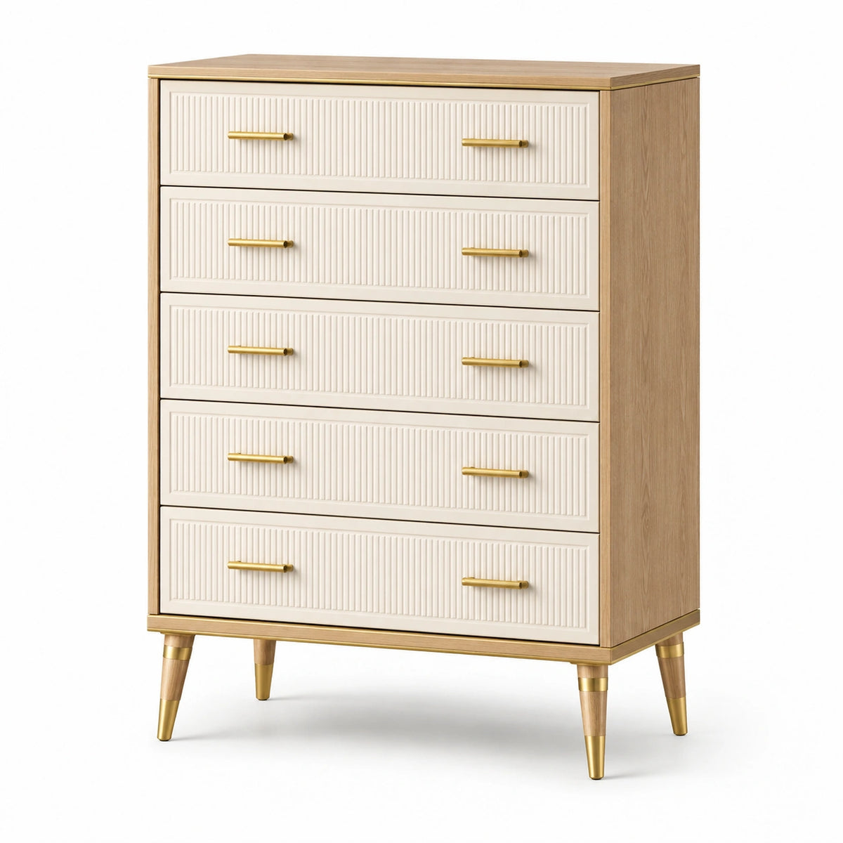 Commode en bois clair et aluminium doré avec 5 tiroirs