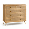 Commode en bois et rotin à 5 tiroirs chêne clair