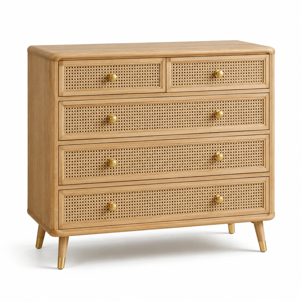 Commode en bois et rotin à 5 tiroirs chêne clair