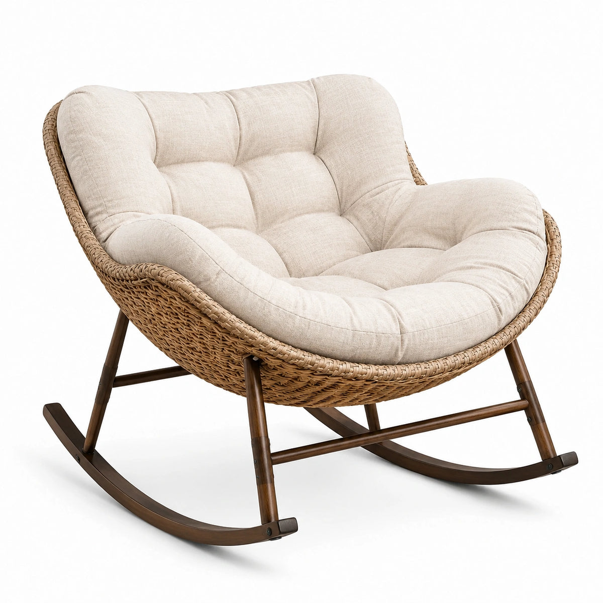 Chaise à bascule en rotin avec coussin en lin beige