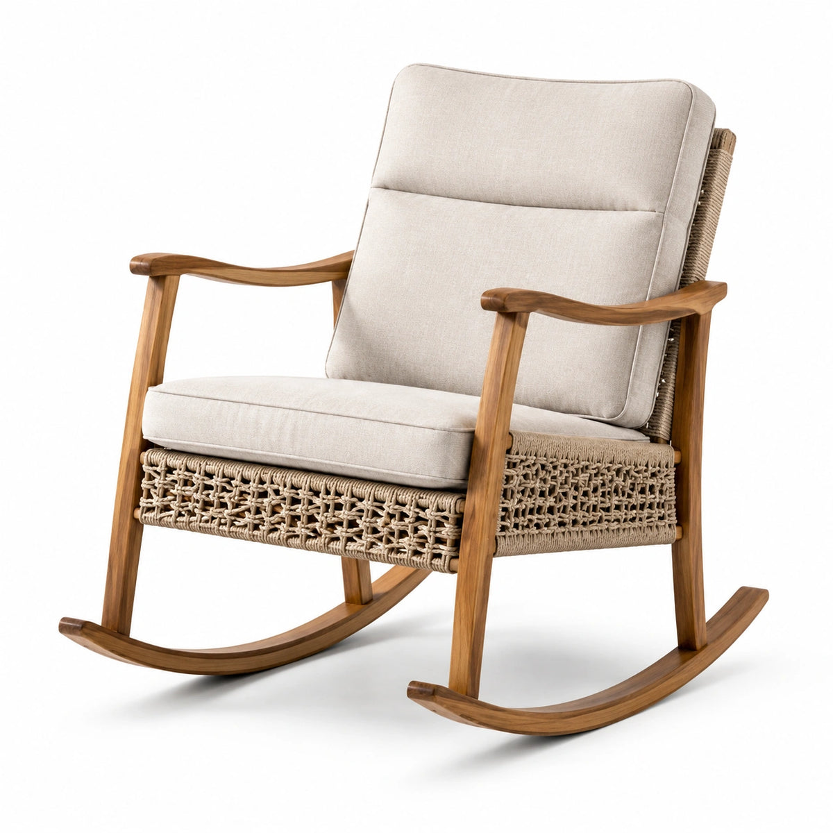 Chaise berçante en bois et corde avec coussins en tissu beige